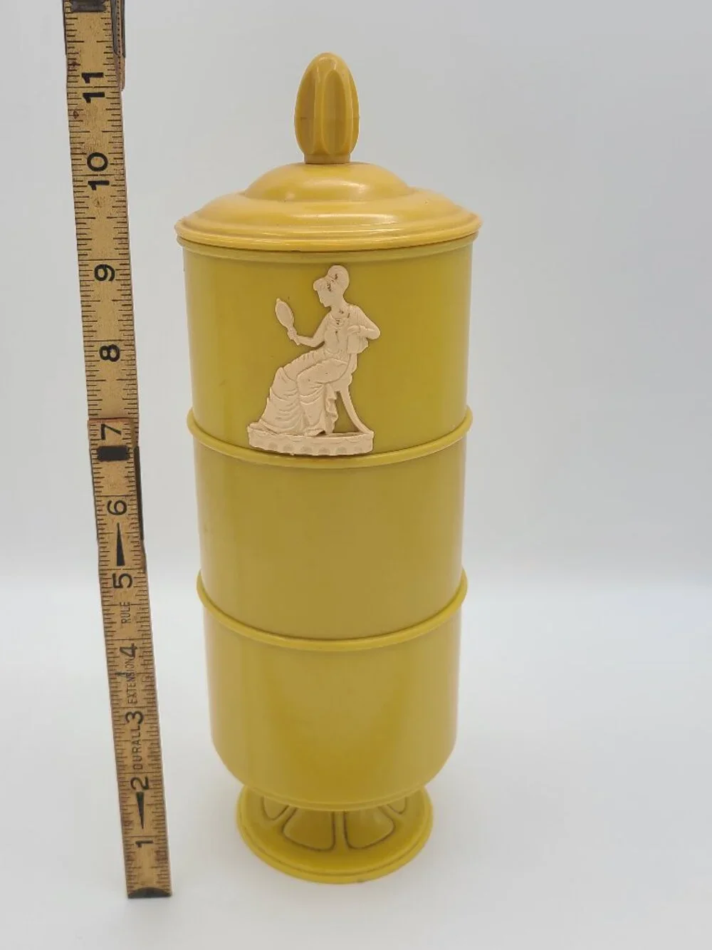 Vintage 3 Tier Yellow Powder Box Celluloid Wedgwood Jasperware Style Victorian